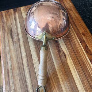 Vintage Copper Round Bottom Bowl with Aged Wood Handle